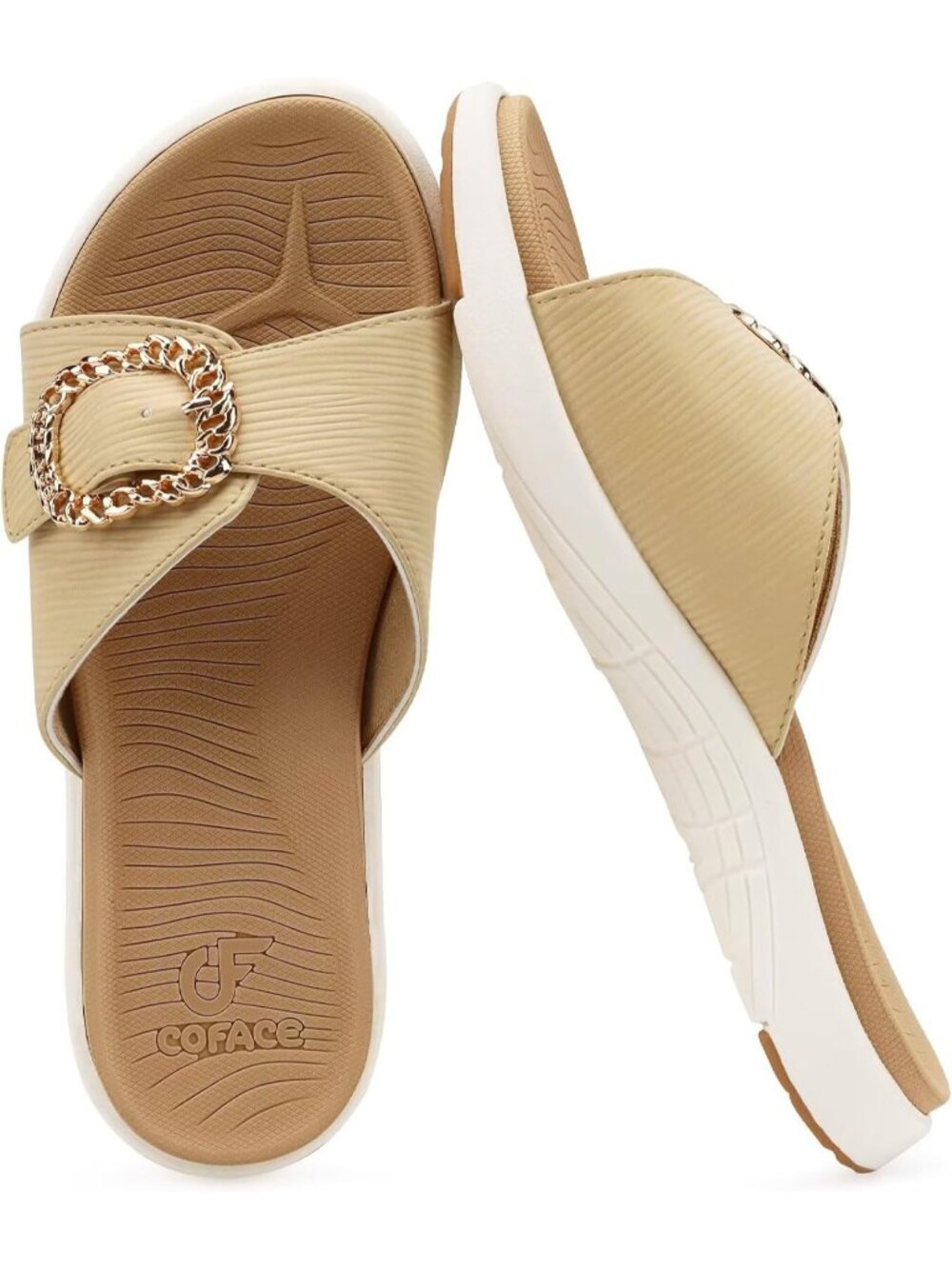 Women's Beige Orthotic Slides Lightweight Yoga Mat Thick Cushion Walking